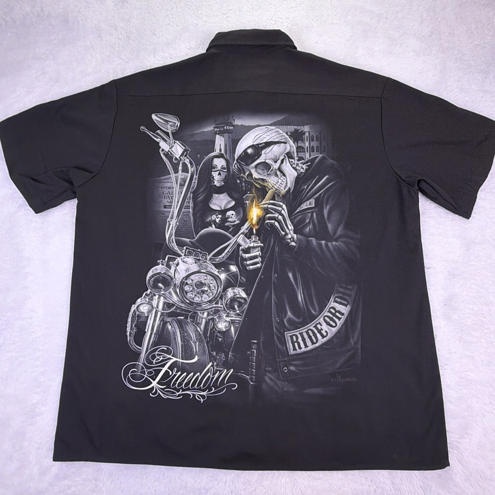 Ride Or Die -‎ Freedom Men's Large Black Button Up Biker Short Sleeve Distressed